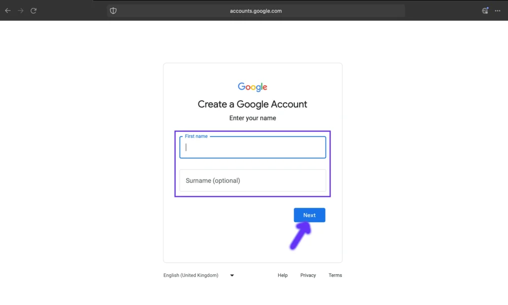 Google Account Create Page for entering Name