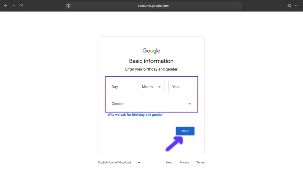 Google Account Create Page for entering DOB & Gender Information