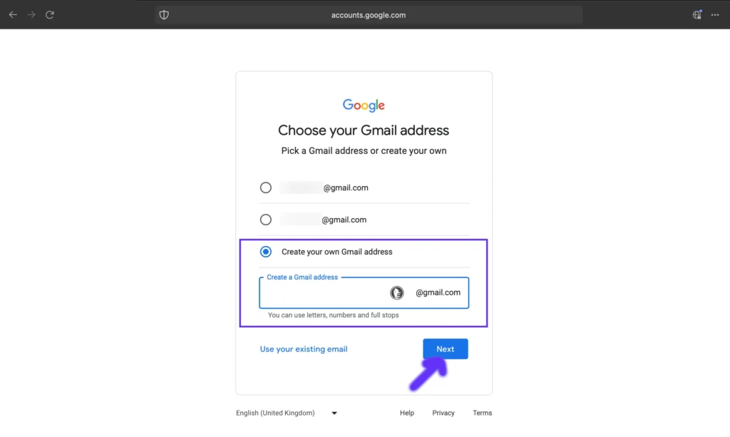 Google Account Create Page for entering email id