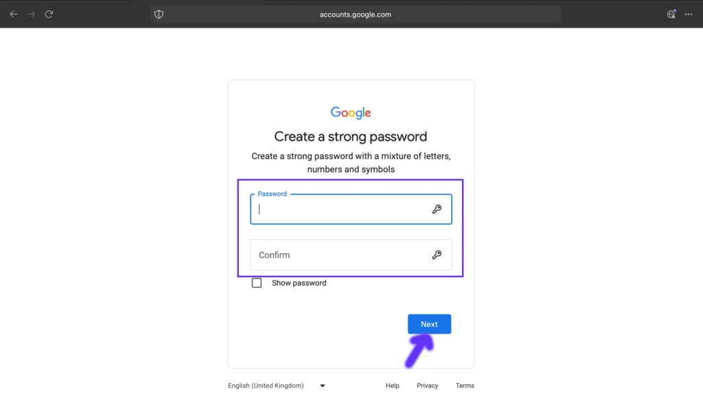 Google Account Create Page for entering Password