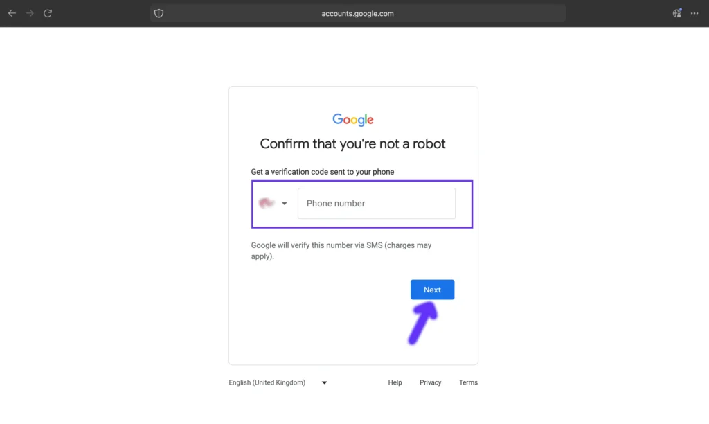 Google Account Create Page for entering Phone Number