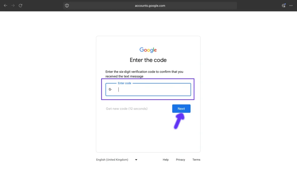 Google Account Create Page for entering verification code