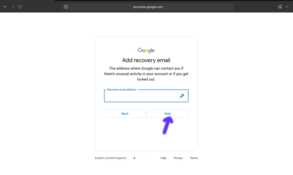 Google Account Create Page for entering alternate email id as recovery email