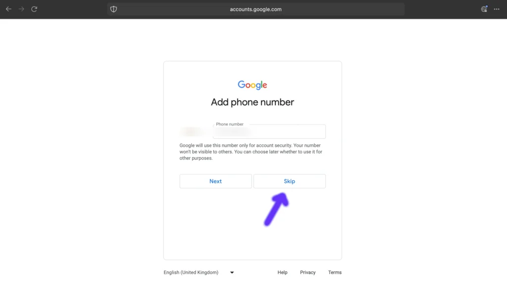 Google Account Create Page for entering Phone Number