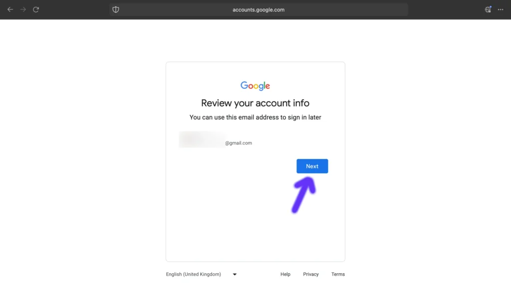 Google Account Create Page for reviewing account info