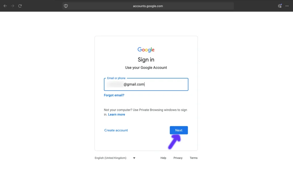 Google Account Create Page for entering email id or phone number