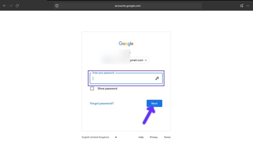 Google Account Login Page for entering password