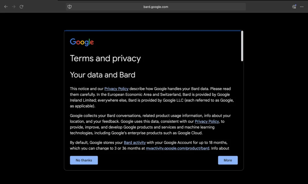 Bard first time user terms and privacy policy